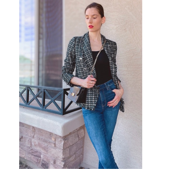 RACHEL ZOE Green & Black Textured Boucle Tweed Fringe Blazer Suit Jacket M - Picture 7 of 15